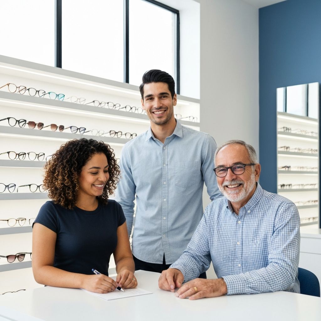 A warm family business team meeting in a bright optical showroom