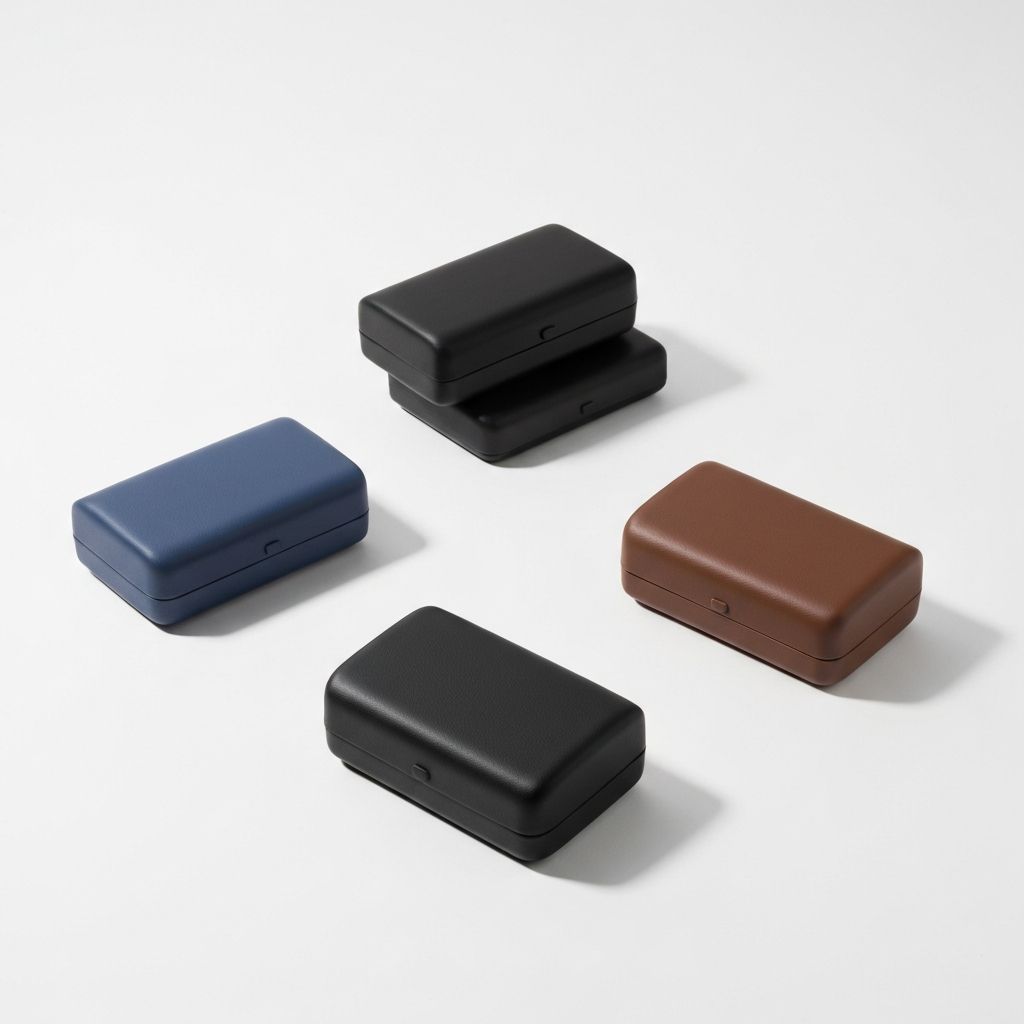 Assorted eyeglass hard cases in black, brown, and patterned finishes